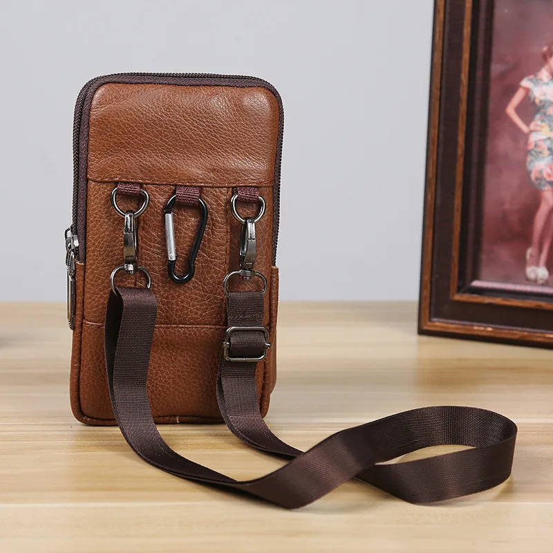 Men Leather Waist Bag Large Capacity Belt Bag Brown Shoulder Bags Crossbody Bags Multi-layer Buckle Mobile Phone Bag Bum Pouch