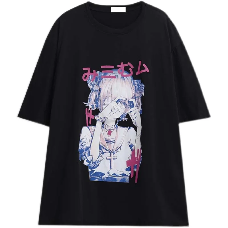 تي شيرت أنيمي قصير الأكمام للنساء، قميص نصف كم بتصميم داكن