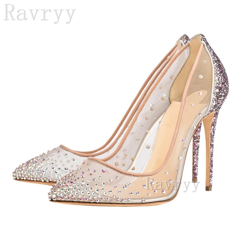

Luxurious Bling Sequins Diamonds Wedding Pumps Pointed Toe Thin Heels Mesh Rhinestones Sandals Bride Stiletto Shoes