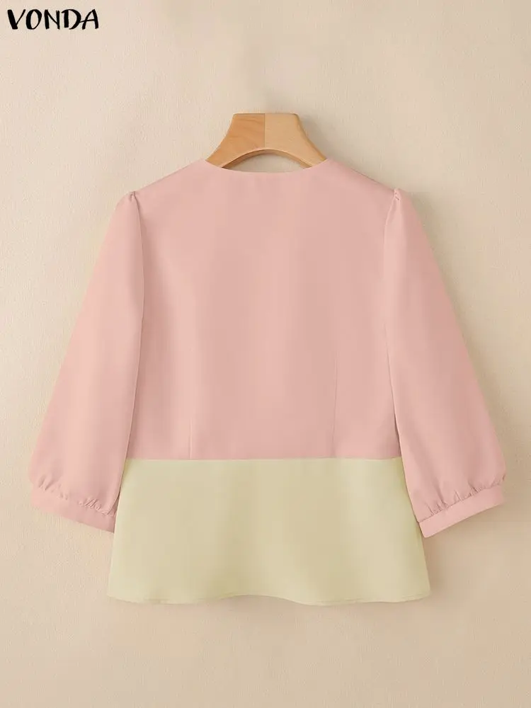 VONDA Camicie moda Donna Top Estate Manica 3/4 Patchwork di colore Camicetta casual 2025 Elegante streetwear Office Lady Blusas