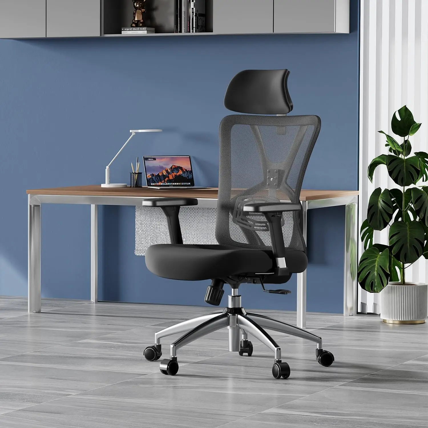 Silla de oficina ergonómica con respaldo alto, asiento de escritorio con soporte Lumbar ajustable, reposacabezas y reposabrazos de Metal 3D