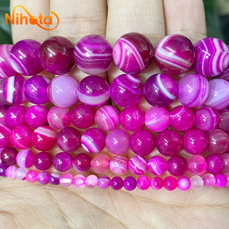 Natural Stone Banded Magenta Lace Agates Round Loose Beads for Handmade Jewelry Making DIY Bracelet 4/6/8/10/12/14mm 15\