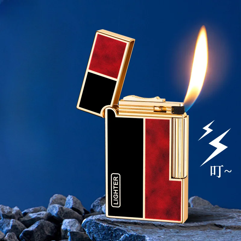 Fashionable Steel Tone Grinding Wheel Open Flame Gas Lighter Side Sliding Oblique Fire Metal Material Retro Cigarette Lighter