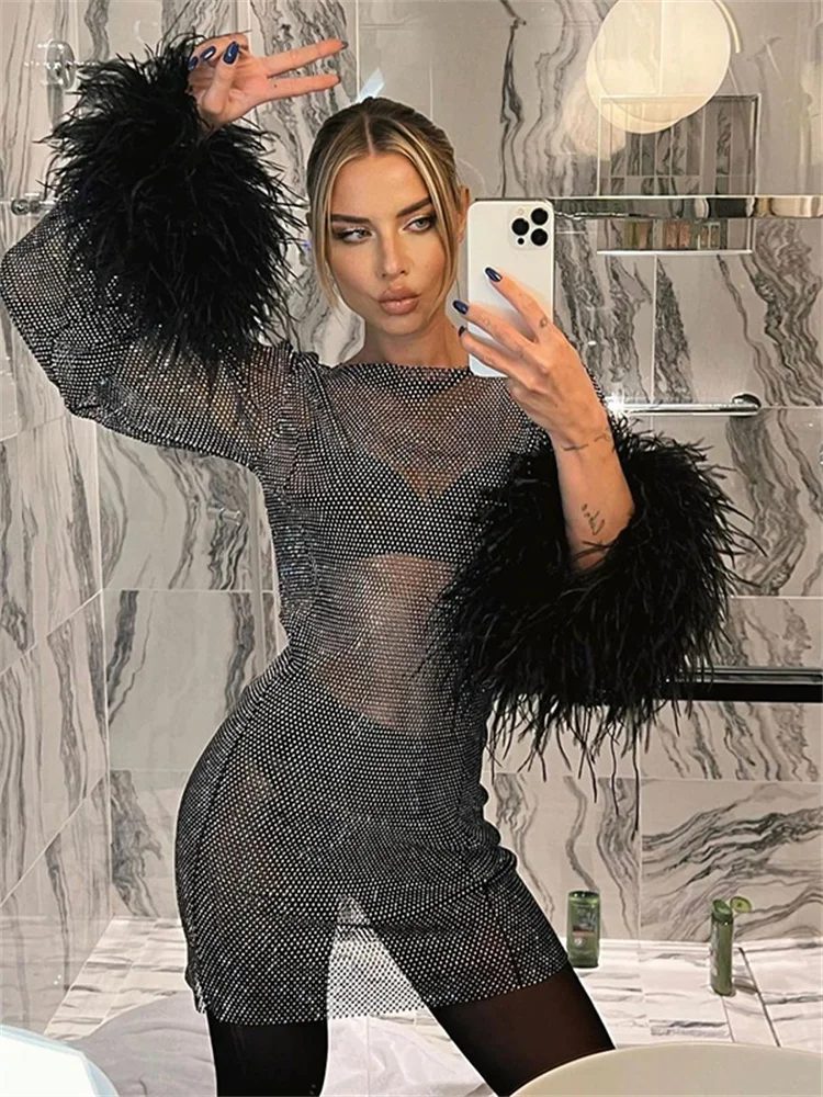 CHRONSTYLE Sexy Fur Feather Mesh See Through Long Sleeve Party Dress Female Sparkle Elegant Summer Mini Dress for Women Vestidos