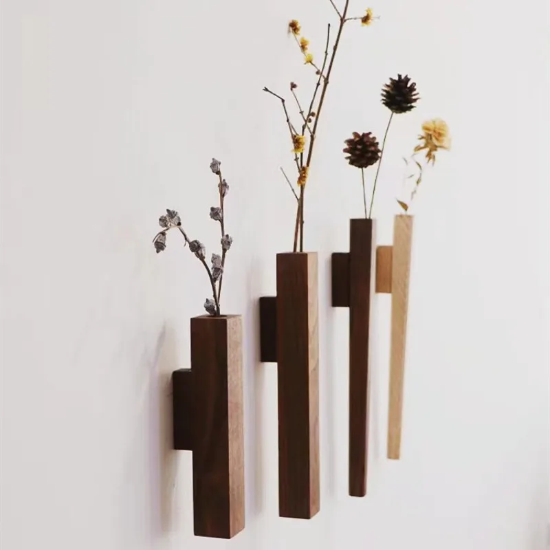 Solid Wood Wall Hydroponic Dried Vase Glass Japanese Wall-mounted Log Vase Decoration No Punching
