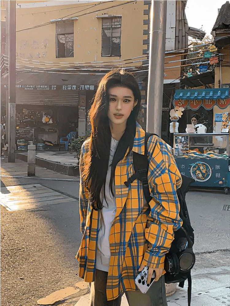 

Yellow Plaid Long Sve Women's irt Summer Vintage American Retro Sun Protection High Street Coat Couple's Matching Loose Fit