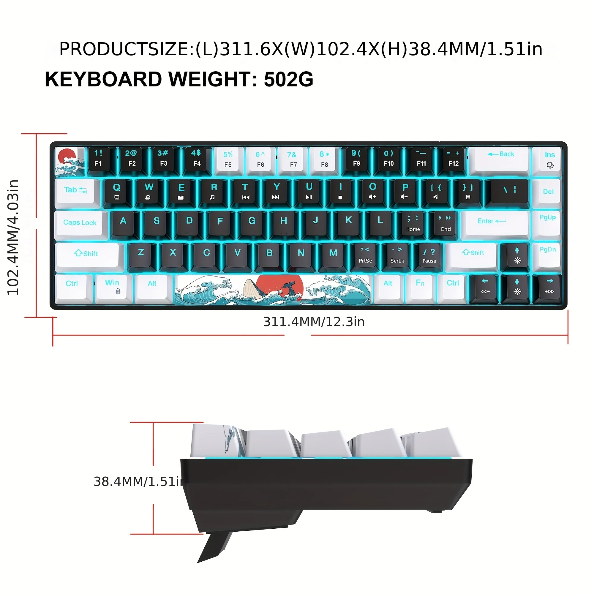 Gamingtoetsenbord, bedraad zeeblauw minitoetsenbord met LED-achtergrondverlichting, ultracompact anti-Ghosting No-Conflict 68-toetsen Mechanisch gamen