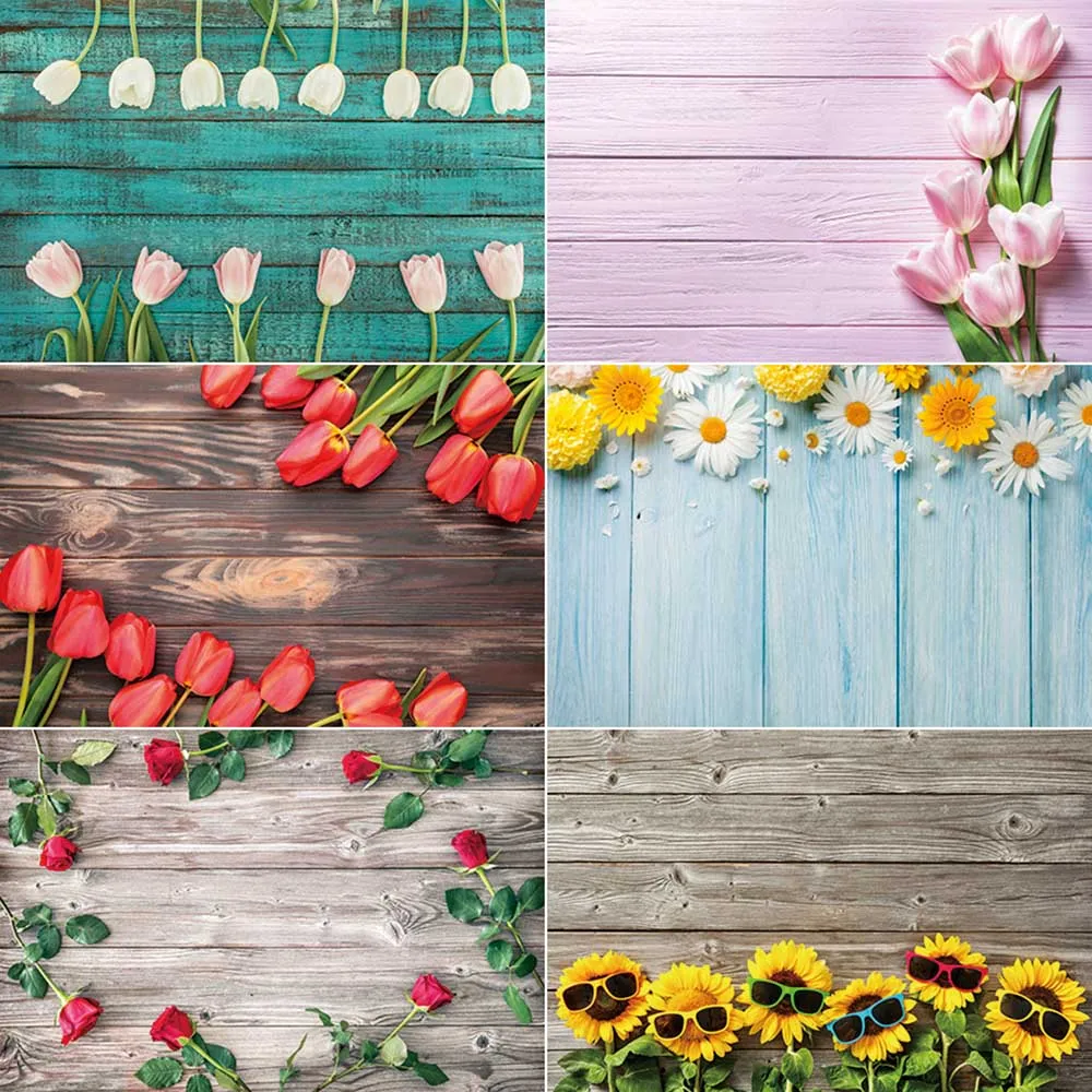 MOON.QG Flowers Wooden Boards Backdrops for Product Food Photography Floral Wood Photo Studio Background for Subject Shooting