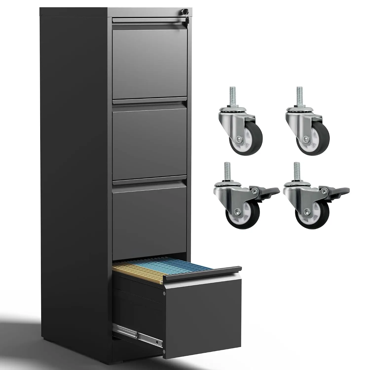 4-Drawer Locking Metal File Cabinet with Wheels, Heavy Duty Storage for Office, Fits A4/Letter/Legal, Customized