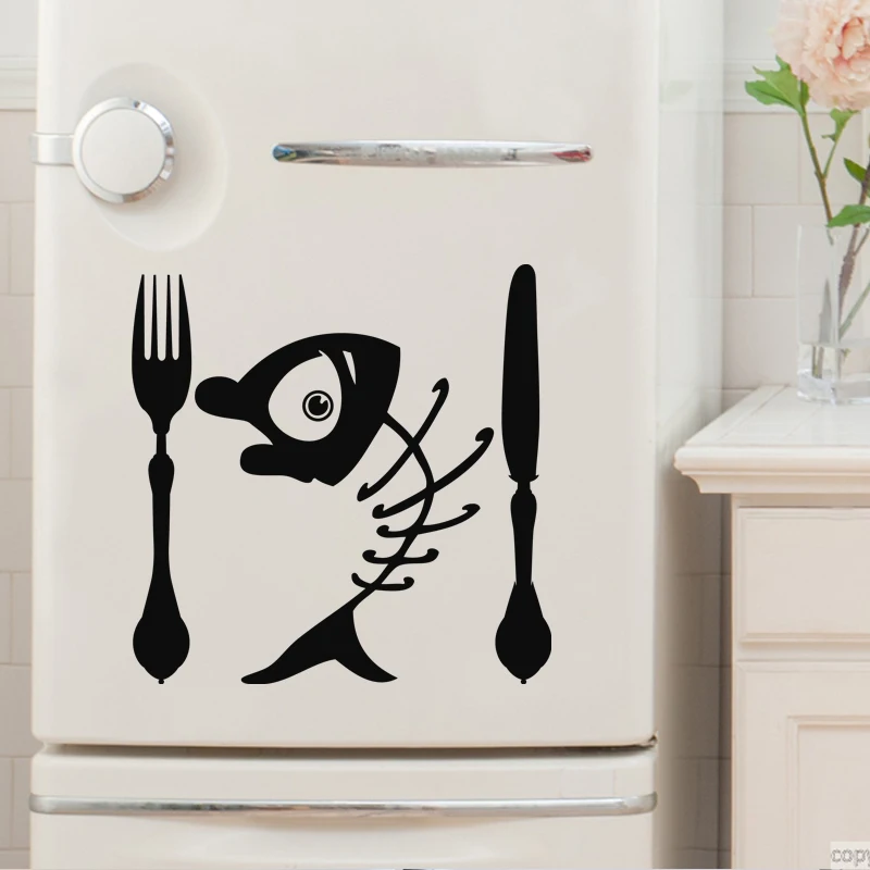 Sticker Design Fish Skeleton In Cutlery Wall Art Mural Decal Fridge Wallpaper Kitchen Home Decor Poster House Decoration