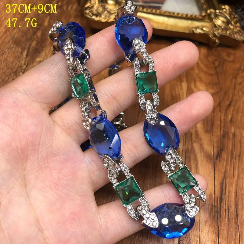 Retro sapphire design electroplated white gold elegant necklace ear stud inlaid rhinestones jewelry