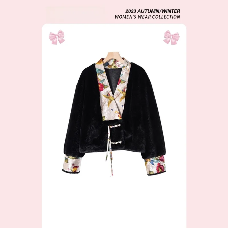 OERALCIS Chinese Sle Gold Mink Velvet Embroidered Patchwork V-ne Silhouette Coat Autumn Winter New Retro Large Coat