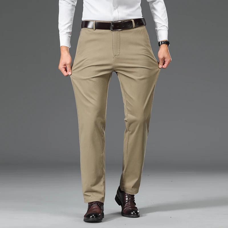 97.8% القطن سراويل تقليدية للرجال كلاسيكي مستقيم فضفاض منتصف العمر الأعمال مكتب البدلة بنطلون مريح مطاطا حك السراويل #2