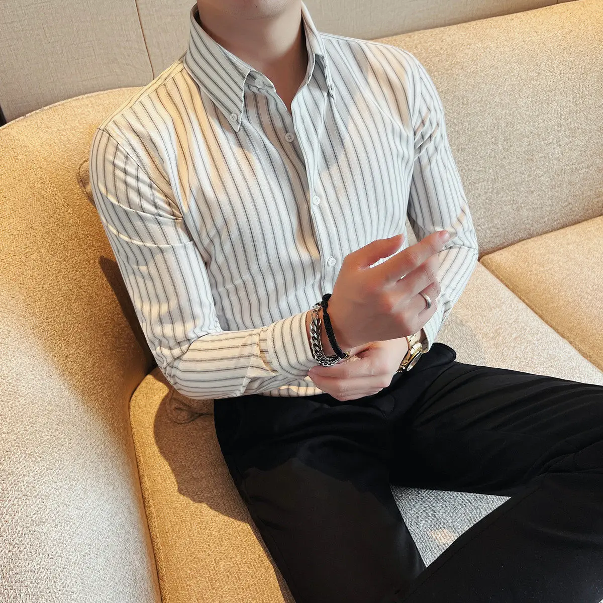 

Spring Long Sleeved Striped Shirt Slim Fit Men's Casual Pointed Collar Shirt Elastic Business Social Work Uniform Formal Shirts