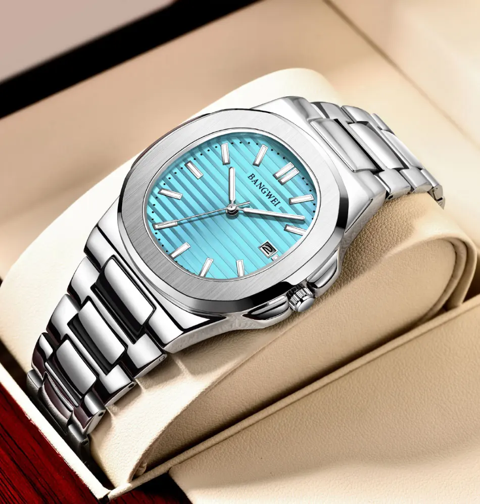 BANGWEI Modische Quadratische Quarz-Herrenuhr Wasserdicht Leuchtend mit Datumsanzeige Edelstahl-Uhren für Männer Luxuriöse Business-Herrenarmbanduhr – Detail 12