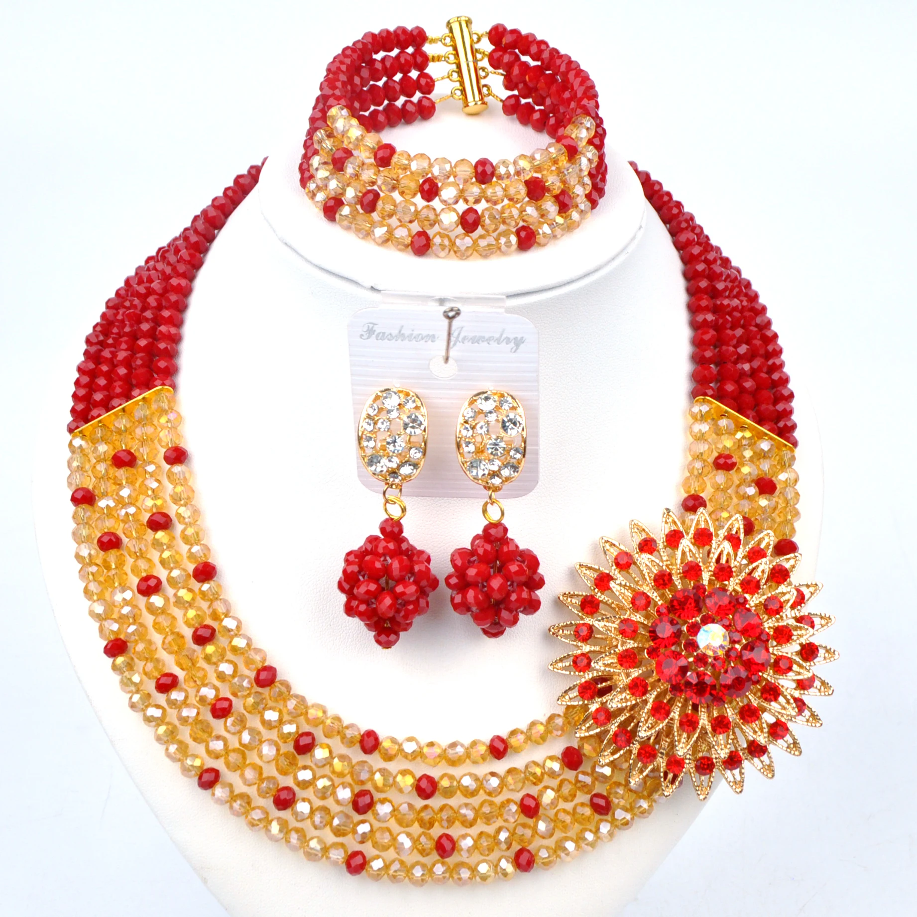 

Opaque Red Champagne Gold Fashion crystal jewelry Set African Women's necklace Nigerian wedding beads