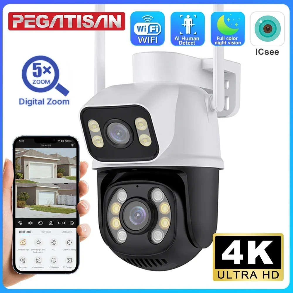 PEGATISAN Surveillance PTZ WIFI Camera Dual Lens Dual Screen IP Camera Outdoor 8MP HD Auto Tracking Security Protection ICSee