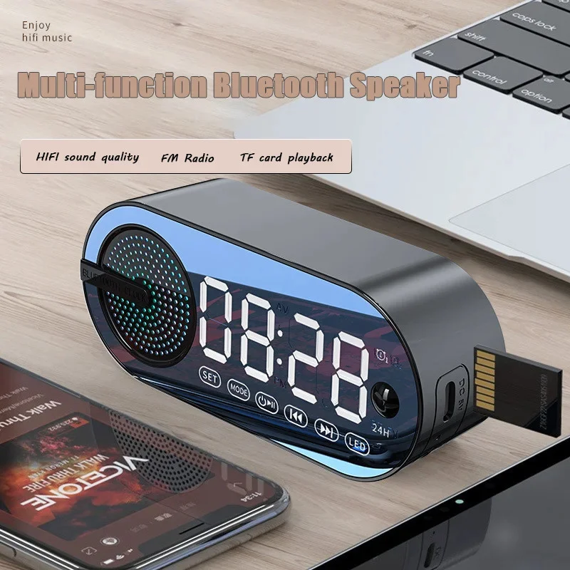 Altavoz Bluetooth portátil con Mini espejo despertador Digital temporizador Radio FM altavoz inalámbrico Subwoofer reloj LED de escritorio