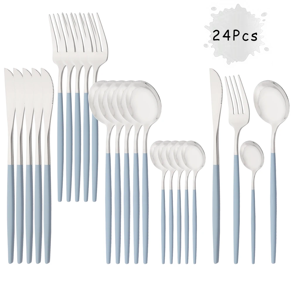 

24Pcs Blue Silver Cutlery Stainless Steel Dinnerware Set Spoon Fork Knife Western Cutlery Silverware Flatware Tableware Supplies