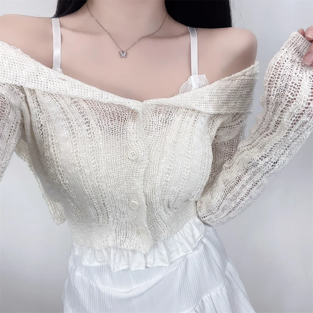 Chic Spring Navy Collar Open Cardigan Slim Sexy Long Sve Thin Knitted Sweater Jaet Top Polyester Fiber 00% Women's Faion