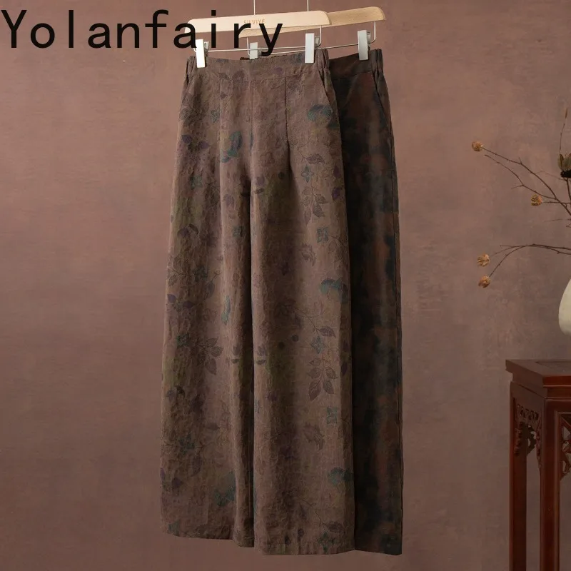 YOLANFAIRY 2026 Fashion Printed 100% Real Mulberry Silk Pants Women Clothes Blended Dye Gambiered Trousers Casual Straight Pants