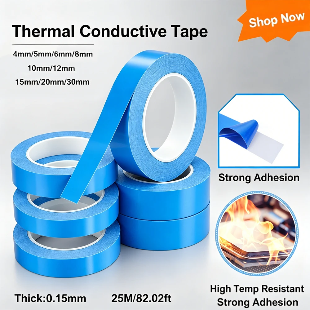 1-5 Rolls 25m Double-Sided Heat Conductive Tape, 5-30mm Blue Thermal Tape for Cooling Heat Sink & Electronic Bonding