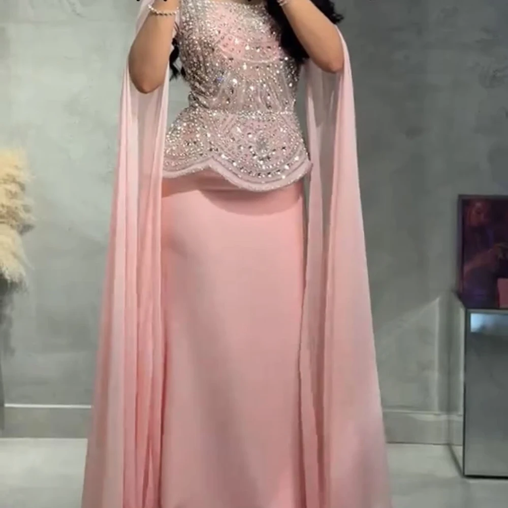 

Customized A-line Evening Dresses Floor-length Square Collar Sleeveless Prom Gown Fashion Crystal Simple Stole Draped Party Gown