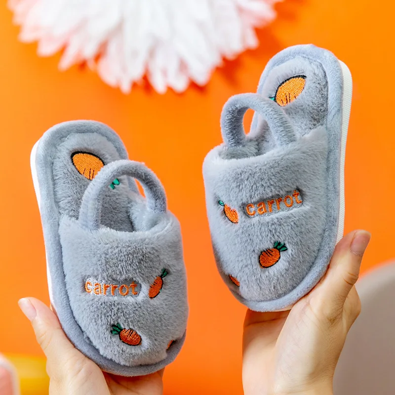 Fashion Toddler Girls Slippers for Winter Girls Fruits Children\'s Indoor Slides Non-Slip Platform Girls Warm Plush House Shoes