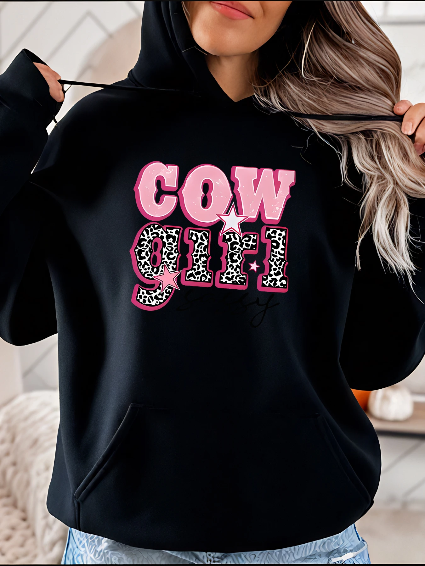 

Толстовка с капюшоном в стиле пастушки, розовая женская повседневная толстовка с леопардовым принтом, модный топ в западном стиле для девочек и женщин