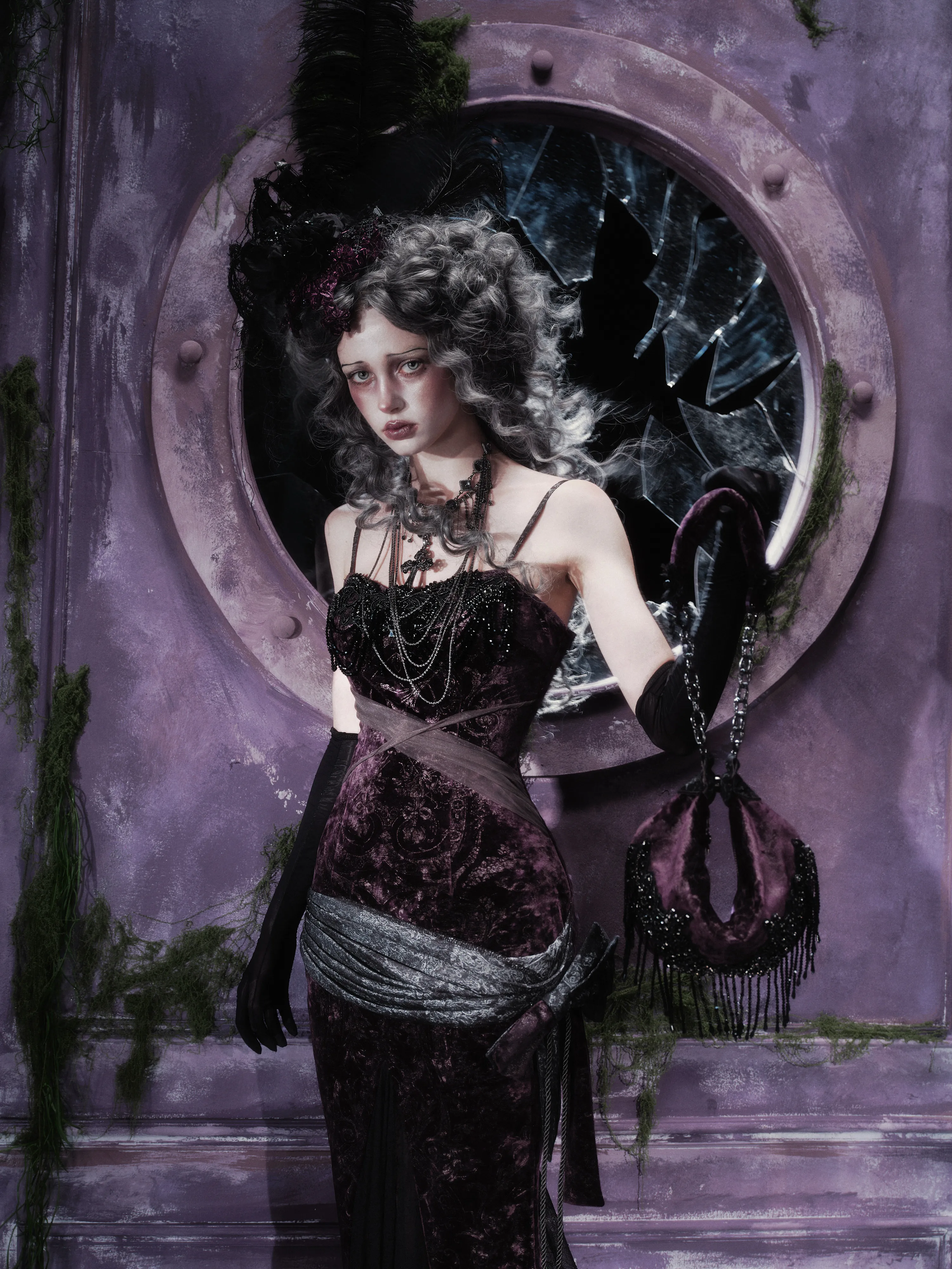 Blood Supply Original Funeral Death Velvet Purple Mermaid Camis Dress Gothic Velour Beading Slim Sheath Halloween Evening Dress