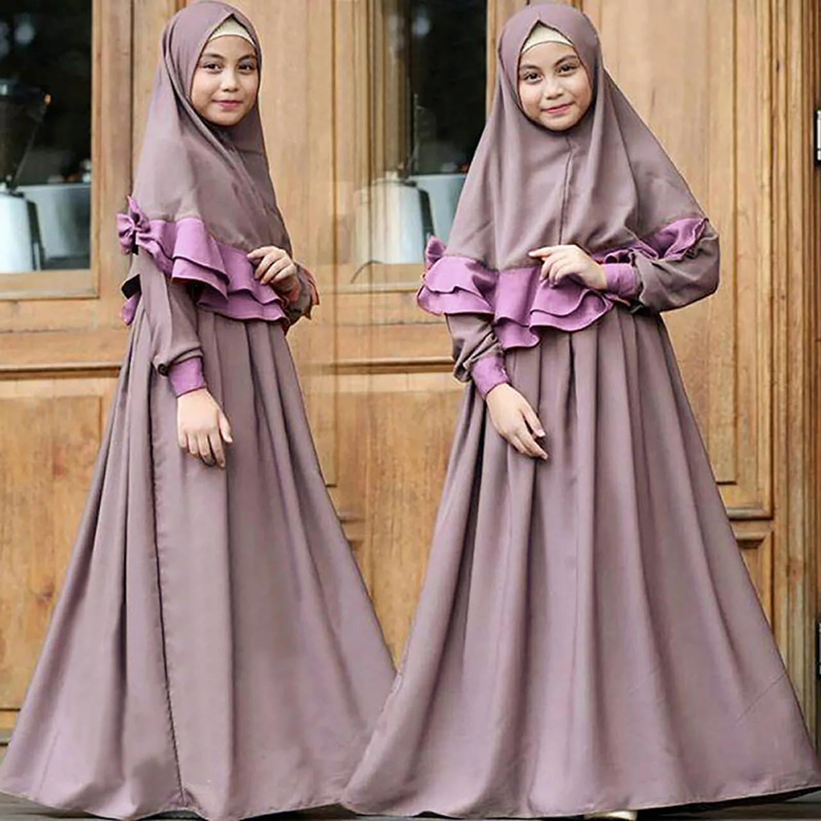 Muslim Kids Girls Prayer Dress Hijab Abaya Robe Arab Dubai Children Ramadan Kaftan Headscarf Islamic Eid Party Gown Jilbab 2022