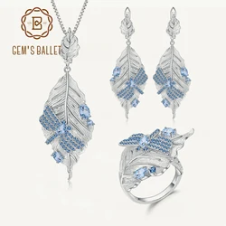 GEM'S BALLET Natural Swiss Blue Topaz Ring Earrings Pendant 925 Sterling Silver Handmade Leaves Design Jewelry Set For Women