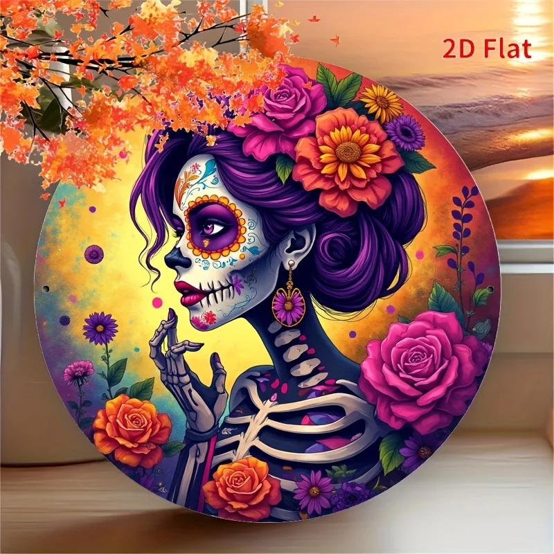 2D Flat, 1pc Vintage Metal Wall Decor - Mexican Day of the Dead Sugar Skull with Floral design - Durable Aluminum Sign for Home,