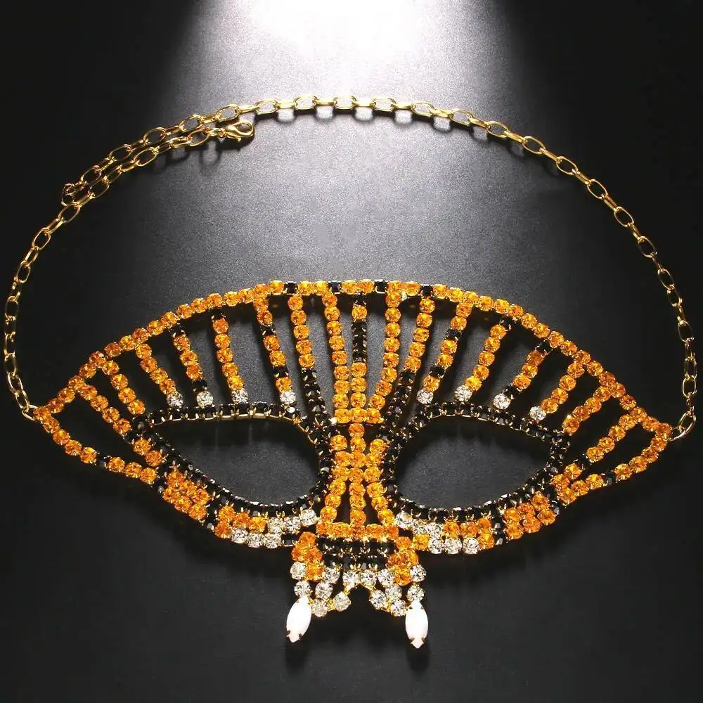Sexy Cheetah Yellow Rhinestone Mask Veil Men Masquerade Accessories Halloween Costume Rave Crystal Face Jewelry Chain for Women