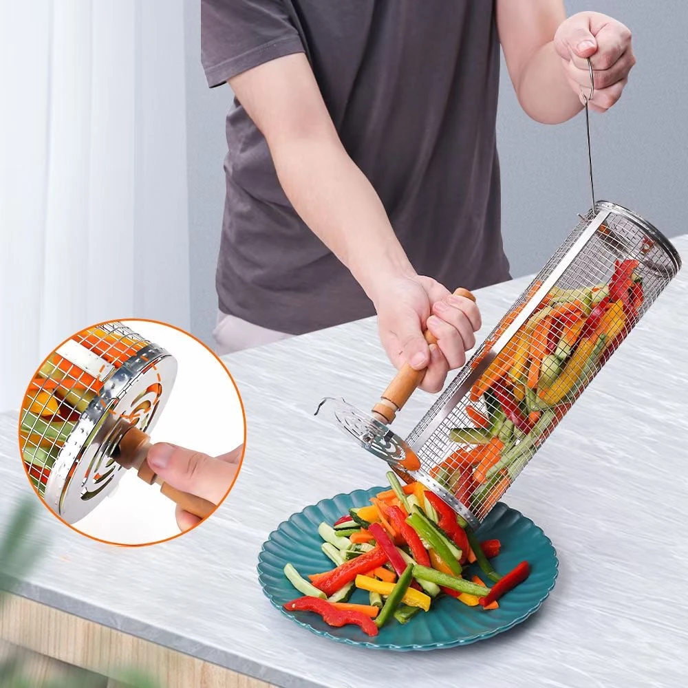 BBQ Tools Grill Set With Stainless Steel  Rotating Cage With Wood Handle