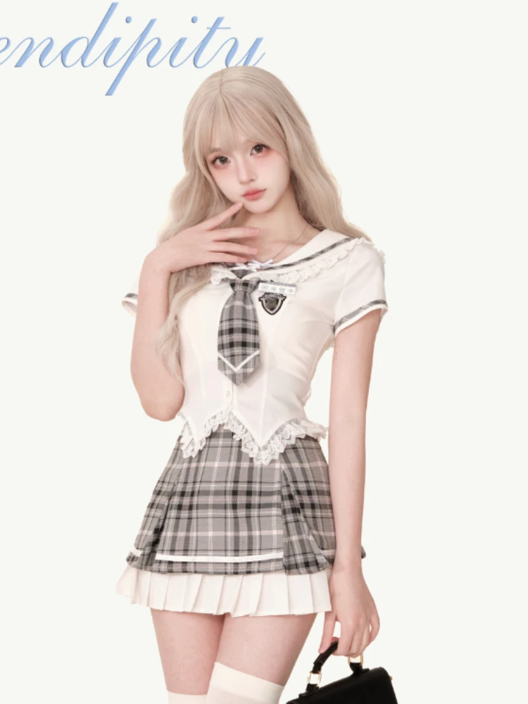 Japanese Elegant 2 Piece Skirt Sets Women Short Sleeve Blouse Y2k Crop Top + Plaid Bodycon Skirts Vintage Suits Korean Fashion