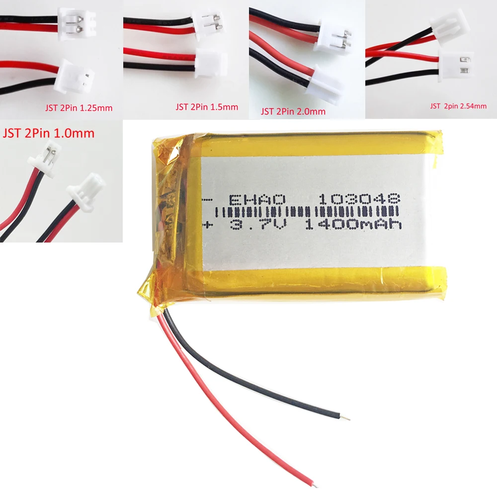 3.7V 1400mAh LiPo Rechargeable Battery 103048 + JST 2Pin Plug For Mp3 GPS DVD Mobile Phone Recorder Video Game PAD E-books