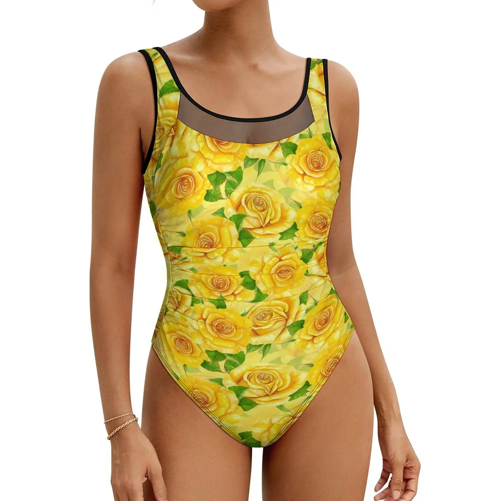 

Yellow Rose Swimsuit Watercolor Flowers Swimwear One Piece Holiday Graphic Swimsuits Mesh Monokini Women Push Up Sexy Beachwear