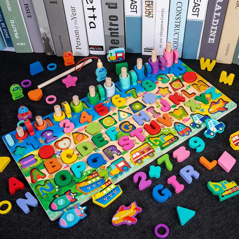 Wooden Educational Puzzle learning toys Montessori Number Letter Traffic Fishing Building Block Logarithmic Busy Board Preschool