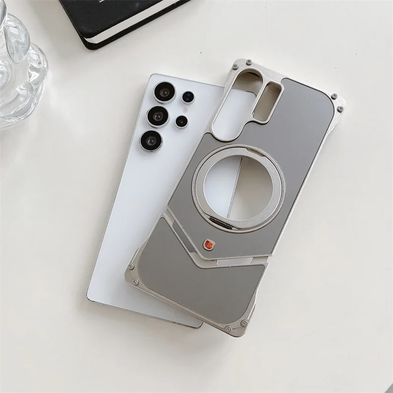 

For Sagsafe Magnetic Metal Snap on Phone Case For Samsung Galaxy S24 S25 Ultra With Stand Adjustable Frameless Shockproof Cover