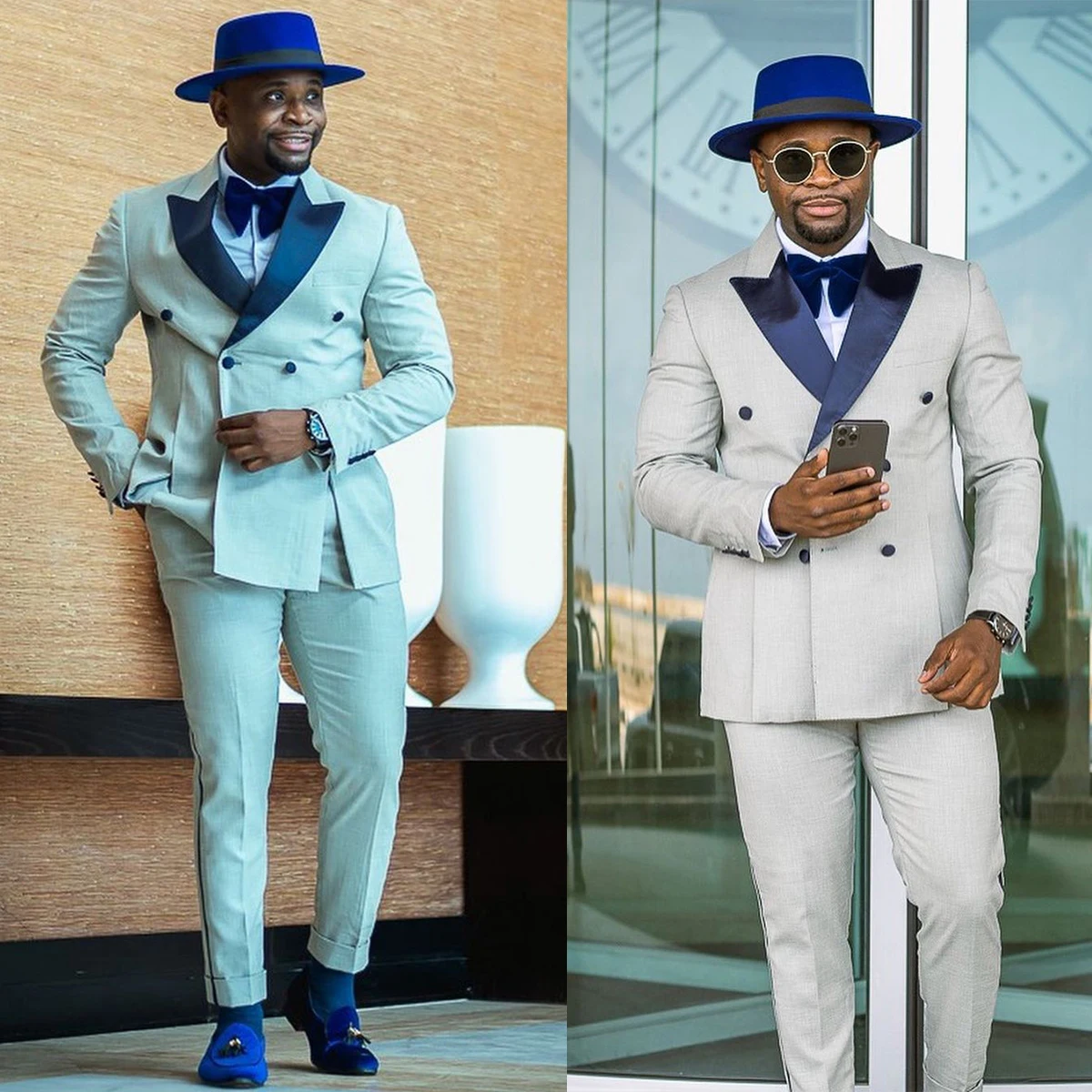 Trajes de boda de diseñador para hombre, esmoquin de solapa con visera azul, ropa Formal ajustada para novio, chaqueta y pantalones de 2 piezas