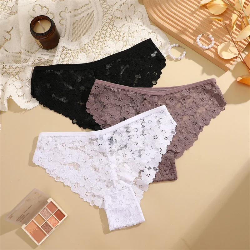 FINETOO 3Pcs Lace Floral Underwear for Women Sexy Hollow Out Panties Female Low Waist Briefs Stretch Perspective Soft Lingerie