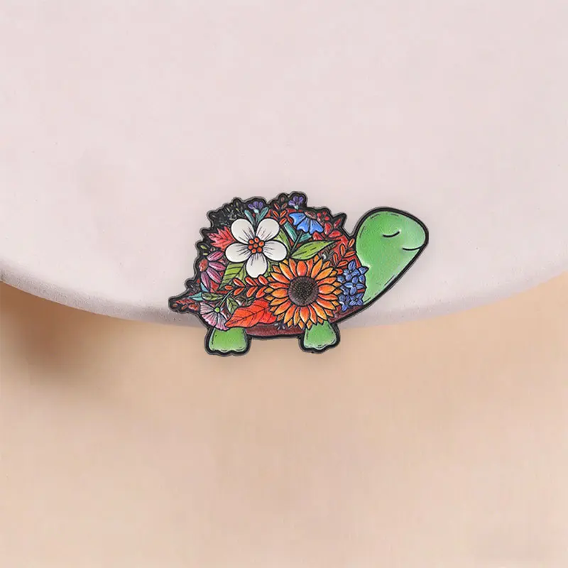 Green Tortoise With Autumn Flowers Enamel Brooch Vintage Botanical Lapel Pin Lovely Jewelry Gift For Nature Lovers