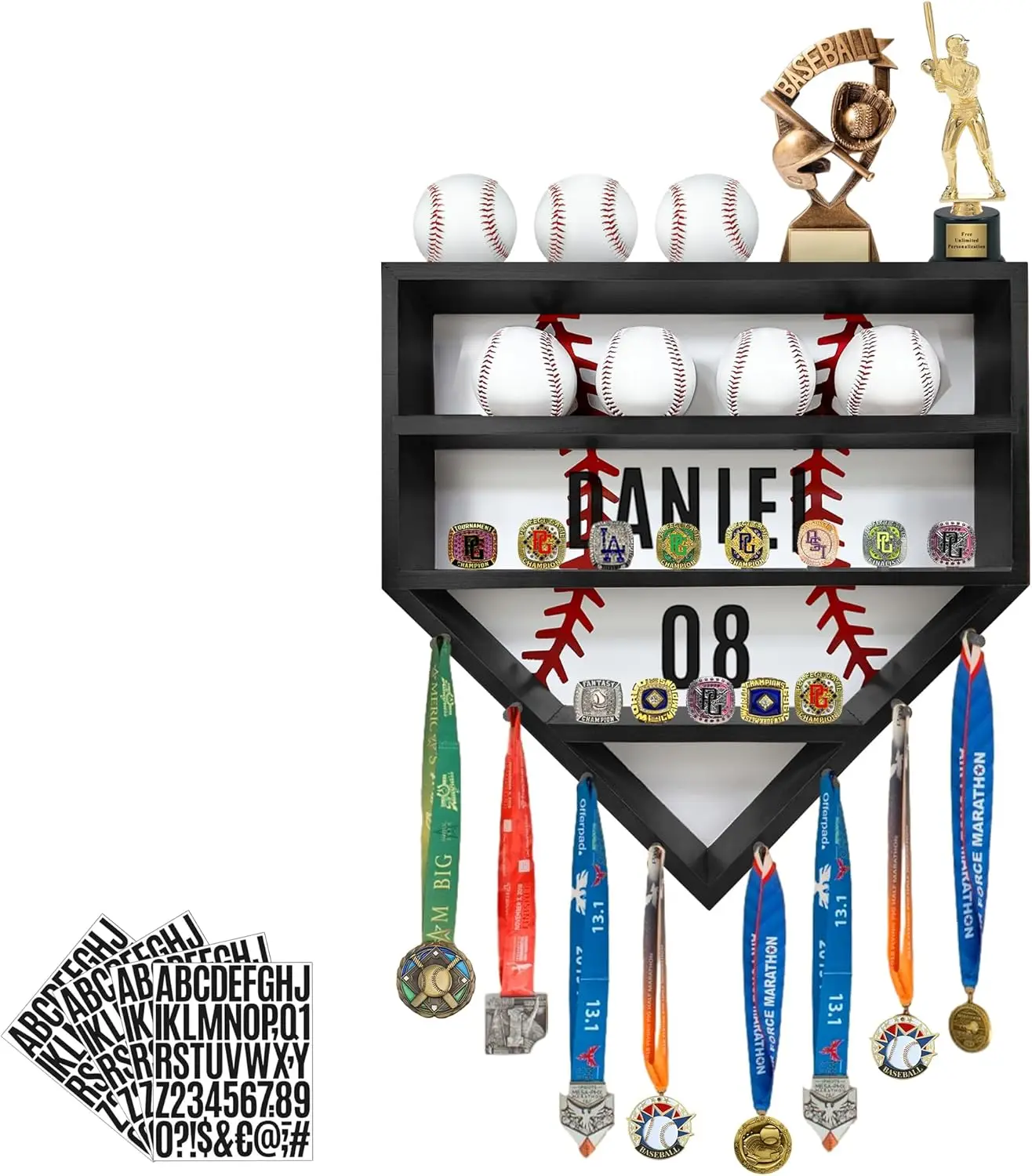 

Wooden Baseball Display Case for Balls, Medals, Name Tags - Wall Mount Holder in Black