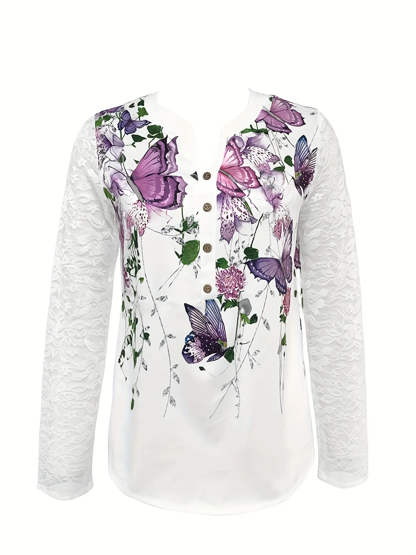 Fashion Floral Printed Blouses Shirts Women Casual  Full Long Sleeve V Neck Shirts Tops Ladies Patcchwork Lace Shirt