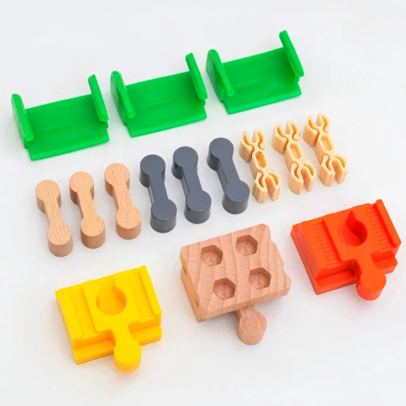 Accessori per binari del treno in legno Tutti i tipi Connettori universali Adattatori Clip adatte per binari in legno di marca Giocattoli ferroviari per bambini