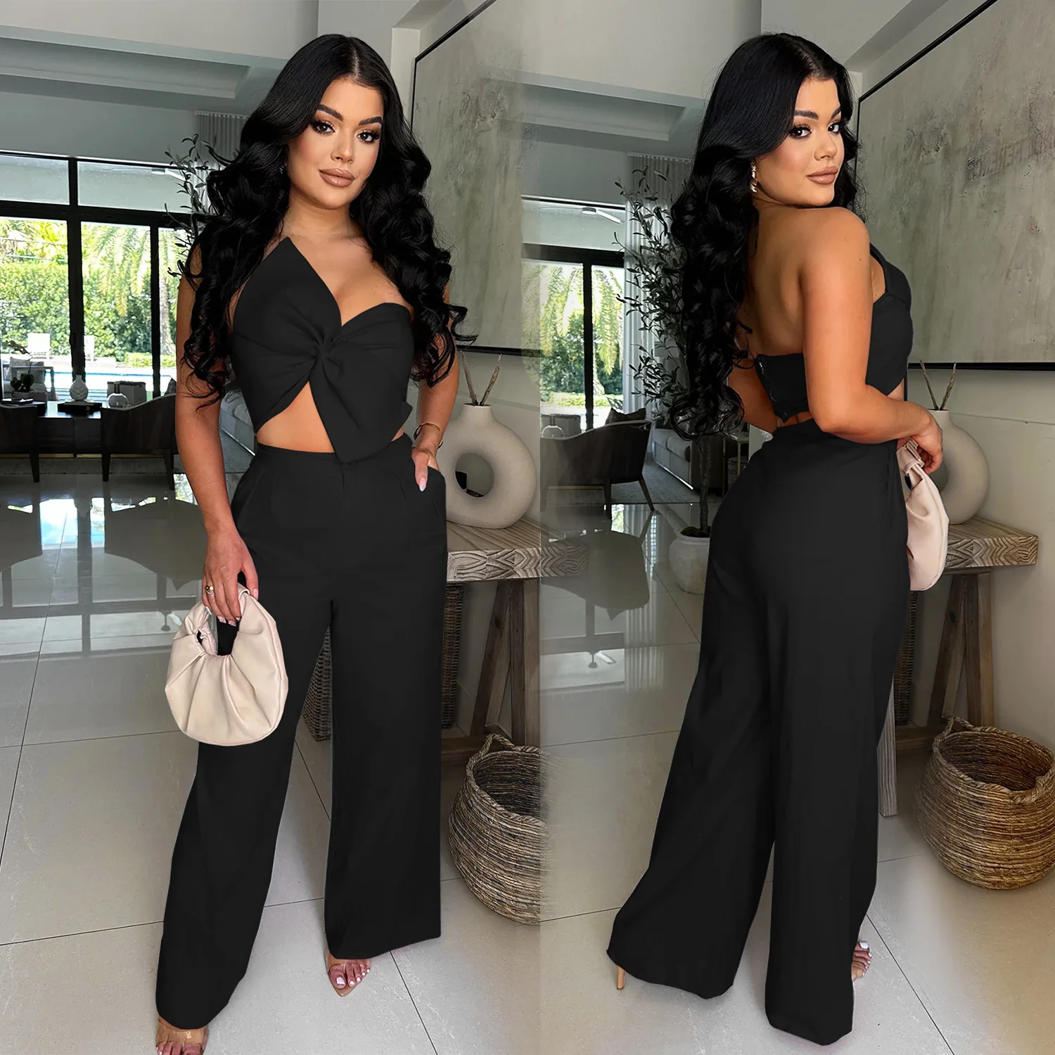 C7375 feminino formal único breasted macacão calças de perna larga camisa de escritório roupa cor sólida sem mangas macacões com cinto