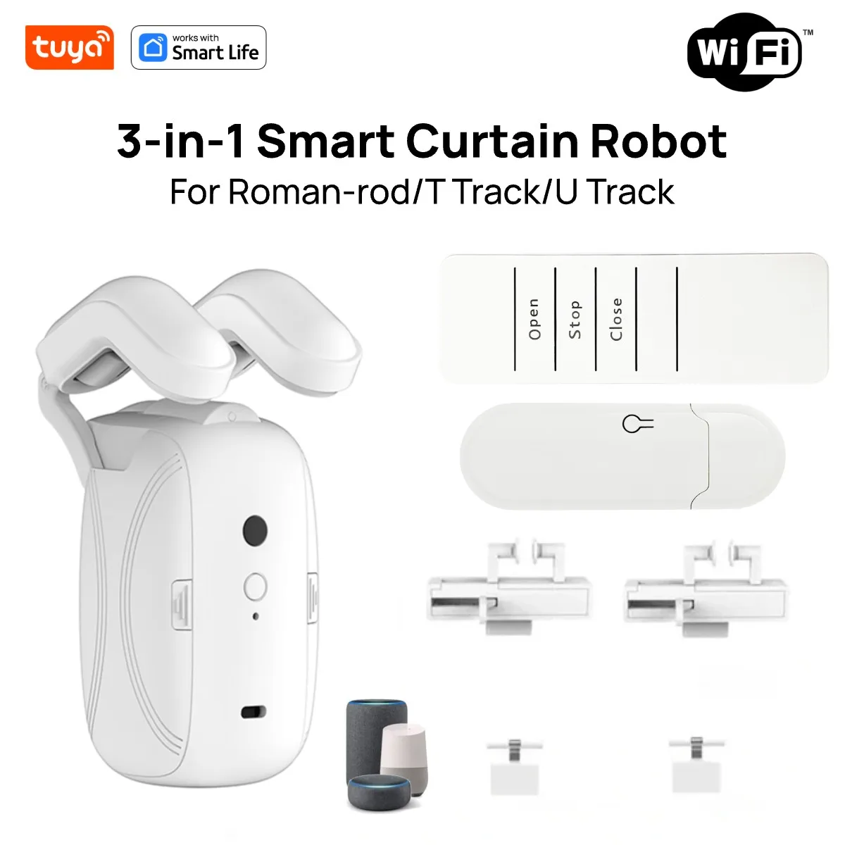Tuya Smart Curtain Robot Gordijnmotor 3-in-1 Tuya APP / Afstandsbediening Tijdschakelaar, Pull-to-start voor Romeinse T U-sporen