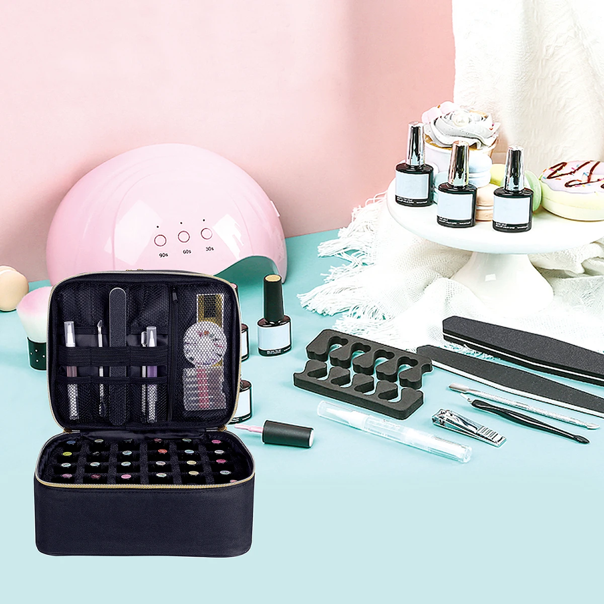 Nagellack-Organizer, tragbare doppellagige Kosmetik-Organizer-Tragetasche für Mädchen und Frauen, Nagelkunst, ätherisches Öl, Kosmetik-Set – Detail 8