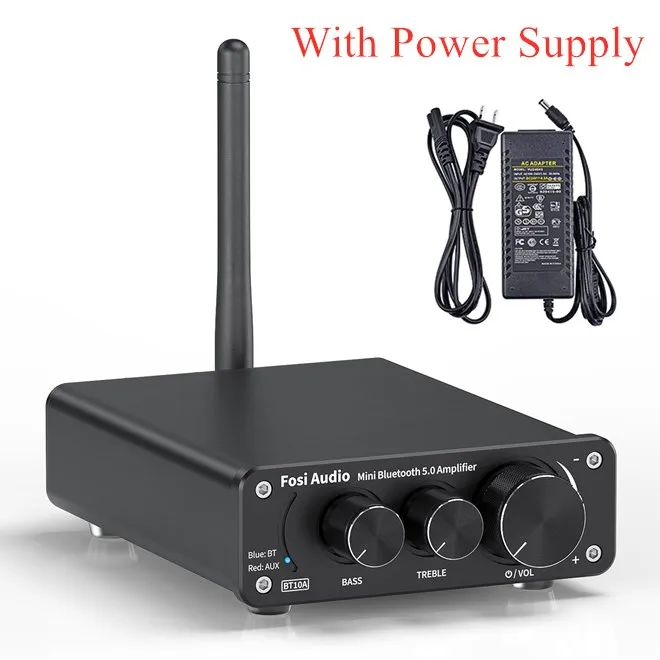 Fosi Audio BT10A Bluetooth 2-kanaals geluidsvermogen Stereoversterker TPA3116D2 Mini HiFi digitale versterker voor luidsprekers 50W Treble & Bass